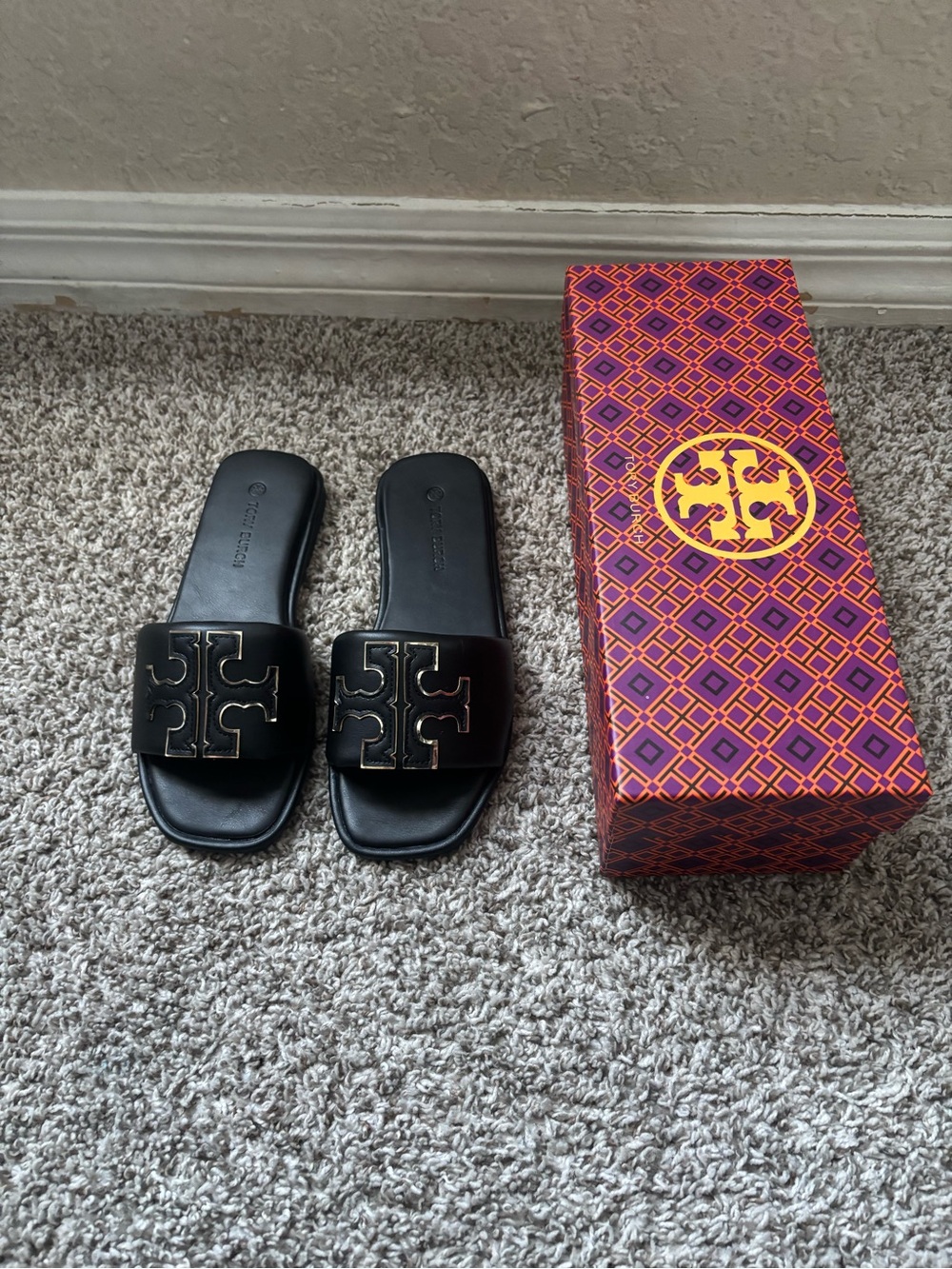 Tory Burch Black Leather Logo Slide Sandals — Women's Slip-On
